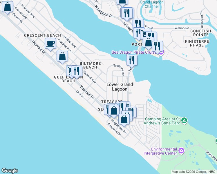 map of restaurants, bars, coffee shops, grocery stores, and more near 3211 Treasure Circle in Panama City