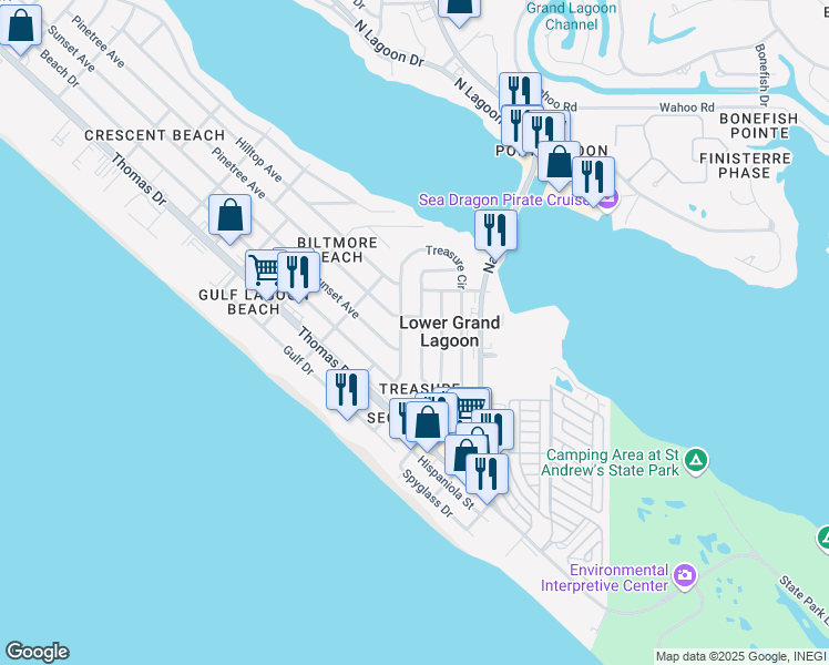 map of restaurants, bars, coffee shops, grocery stores, and more near 3803 Long John Drive in Panama City Beach