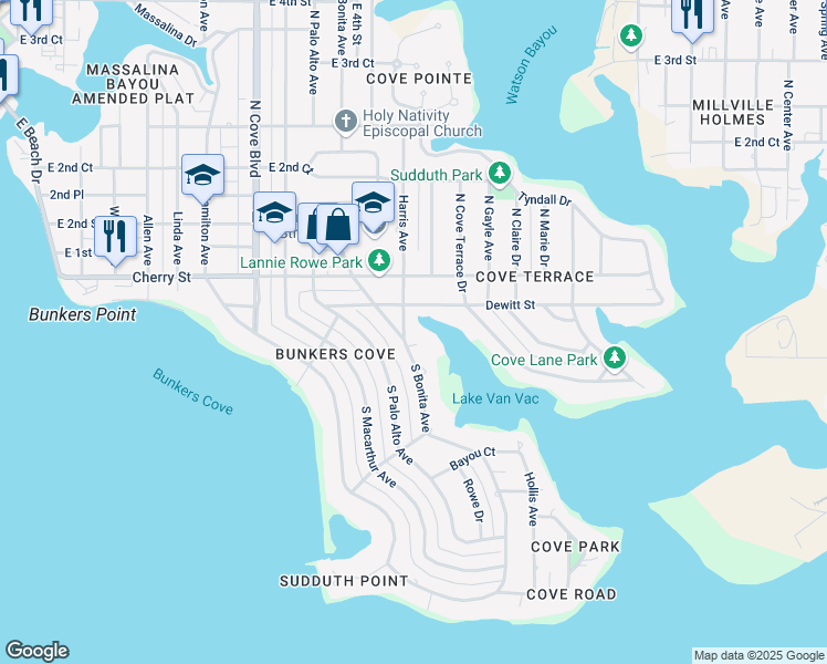 map of restaurants, bars, coffee shops, grocery stores, and more near 314 South Harris Avenue in Panama City