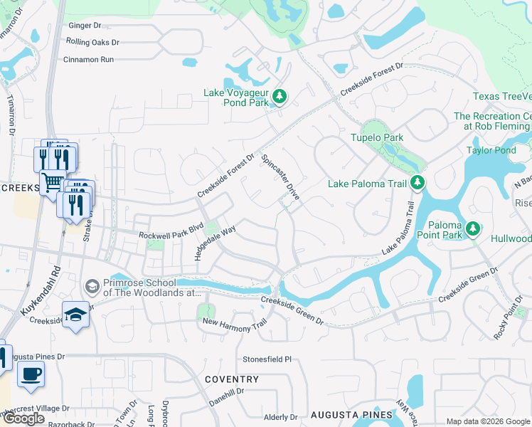 map of restaurants, bars, coffee shops, grocery stores, and more near 91 Valera Ridge Drive in Spring