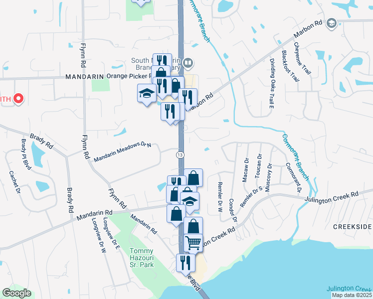 map of restaurants, bars, coffee shops, grocery stores, and more near 12387 San Jose Boulevard in Jacksonville
