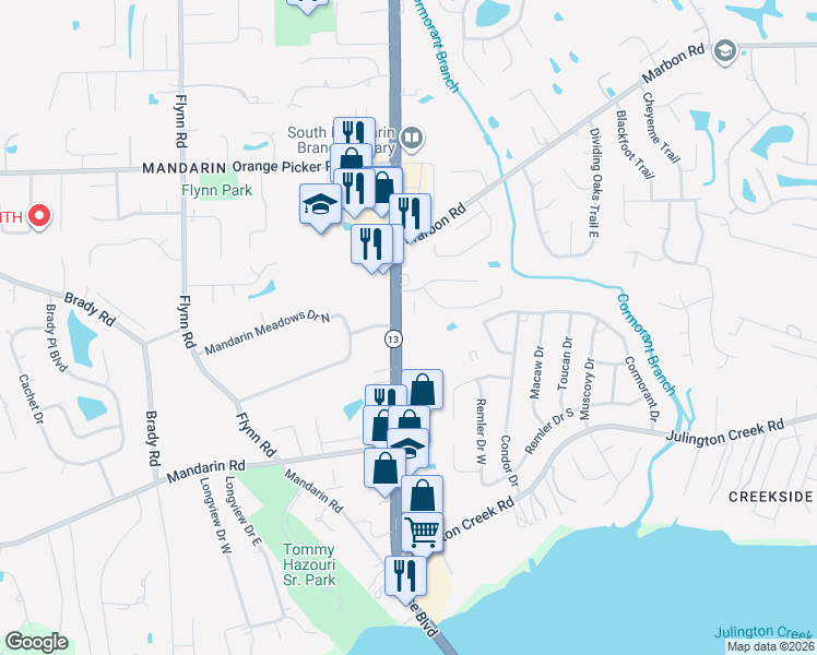 map of restaurants, bars, coffee shops, grocery stores, and more near 12387 San Jose Boulevard in Jacksonville