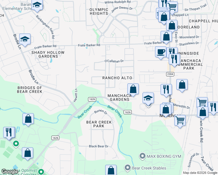 map of restaurants, bars, coffee shops, grocery stores, and more near 12225 Broten Street in Austin
