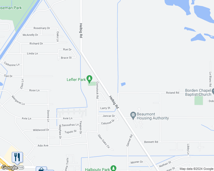 map of restaurants, bars, coffee shops, grocery stores, and more near 6680 Helbig Road in Beaumont