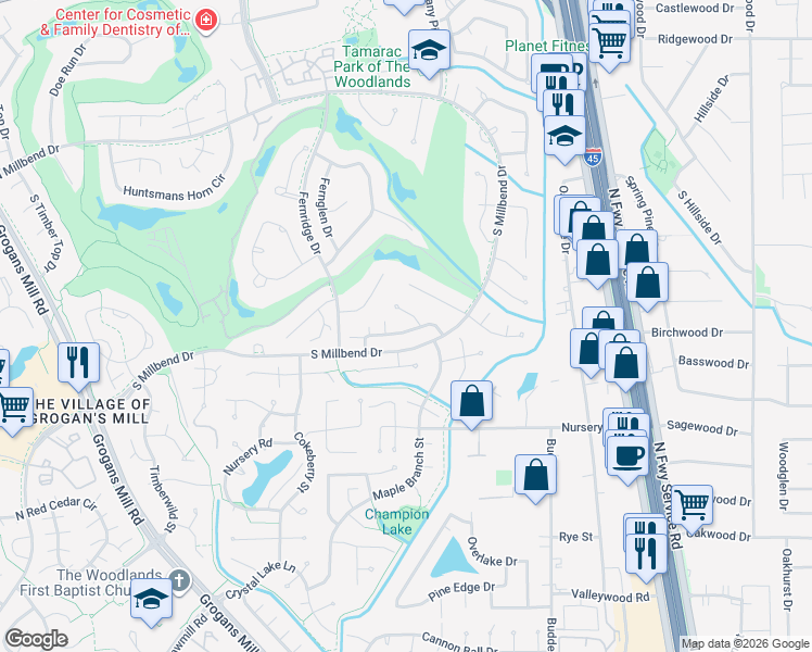 map of restaurants, bars, coffee shops, grocery stores, and more near 25 Wishbonebush Road in Spring