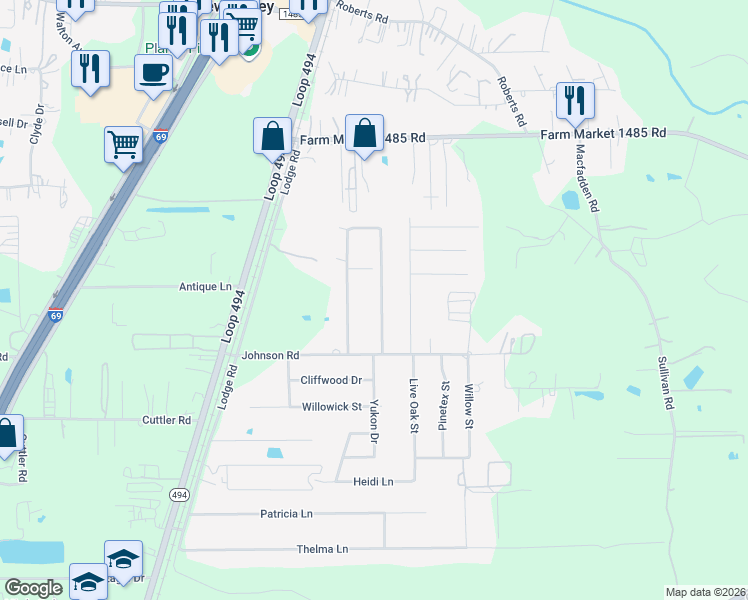map of restaurants, bars, coffee shops, grocery stores, and more near 20361 Oakshade Drive in New Caney
