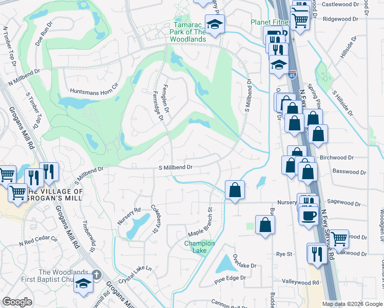 map of restaurants, bars, coffee shops, grocery stores, and more near 1 Wishbonebush Road in Spring