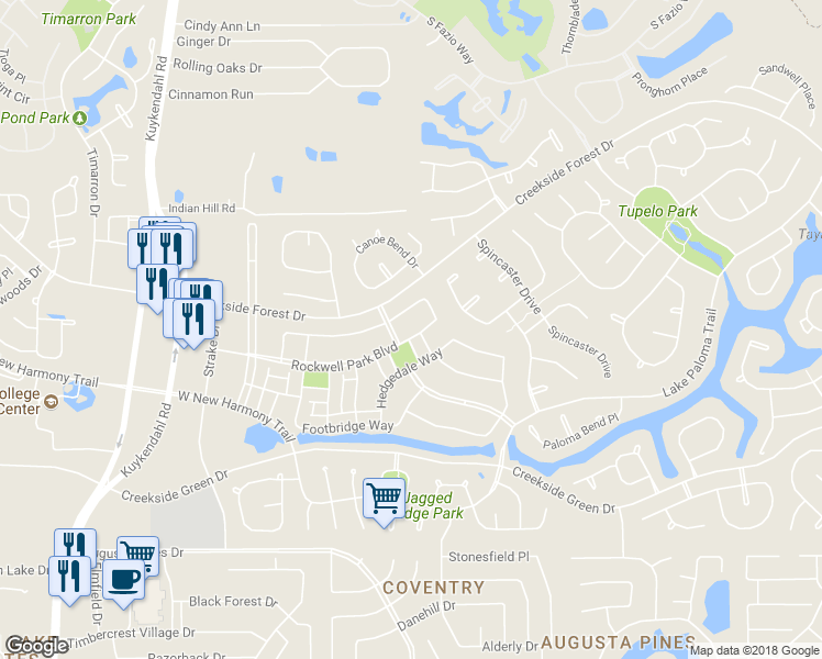 map of restaurants, bars, coffee shops, grocery stores, and more near 170 Rockwell Park in Spring