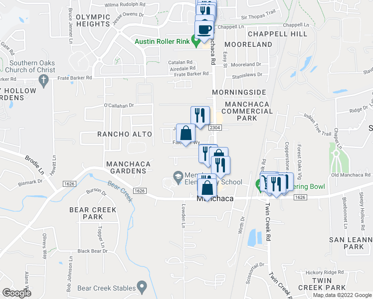map of restaurants, bars, coffee shops, grocery stores, and more near 12000 Manchaca Road in Austin