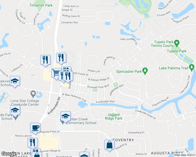 map of restaurants, bars, coffee shops, grocery stores, and more near 59 West Sawyer Ridge Drive in Spring