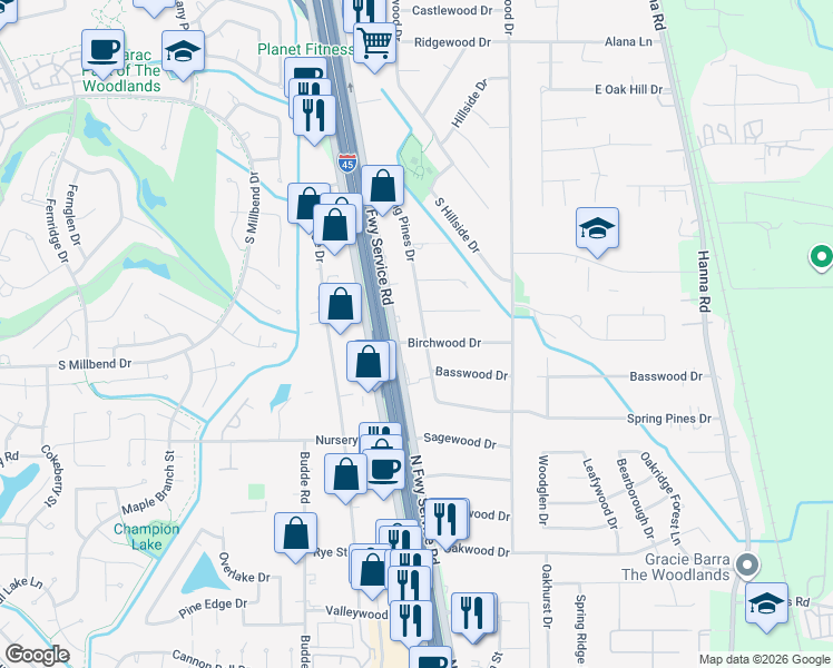 map of restaurants, bars, coffee shops, grocery stores, and more near 203 Birchwood Drive in Spring