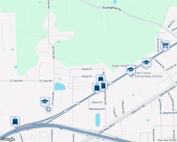map of restaurants, bars, coffee shops, grocery stores, and more near 1620 Aloha Street in Vidor