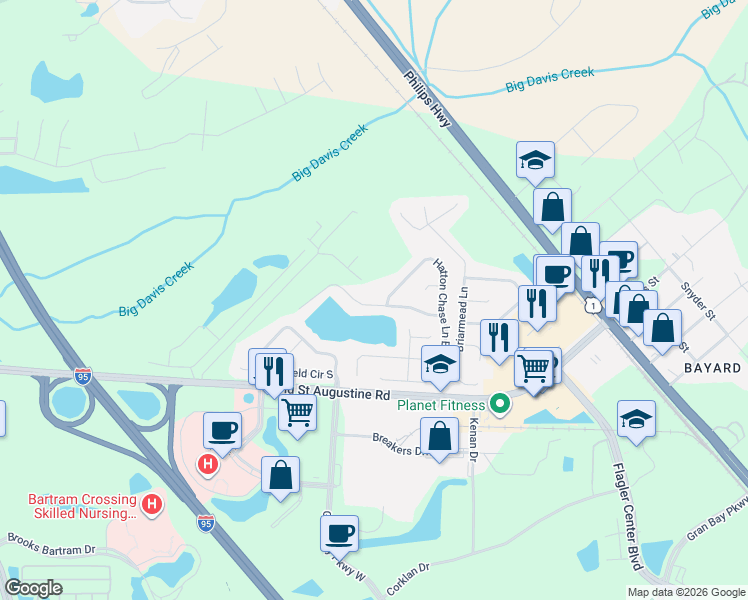 map of restaurants, bars, coffee shops, grocery stores, and more near 12496 Hatton Chase Lane East in Jacksonville