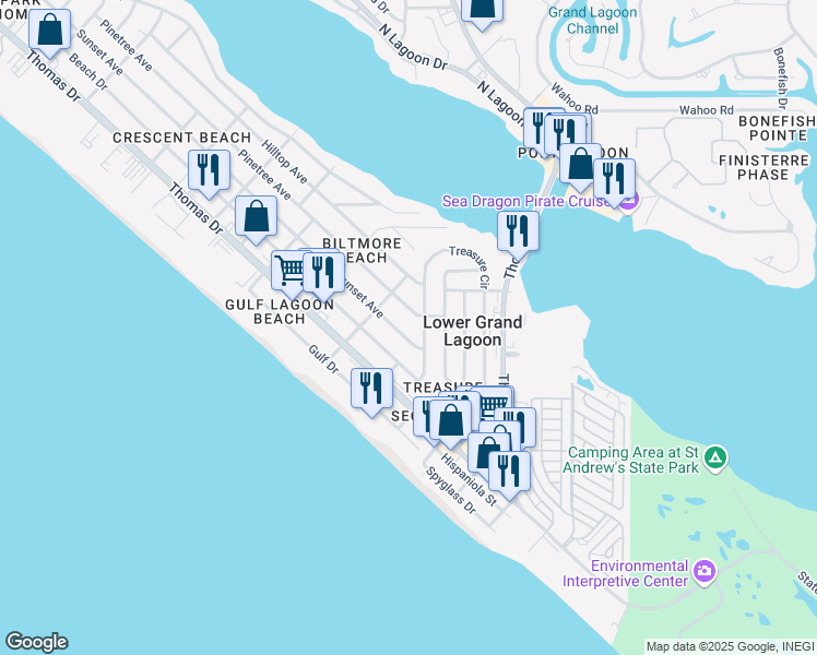 map of restaurants, bars, coffee shops, grocery stores, and more near 5300 Sunset Ave in Panama City Beach