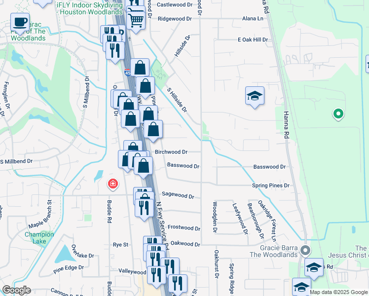 map of restaurants, bars, coffee shops, grocery stores, and more near 218 Birchwood Drive in Spring