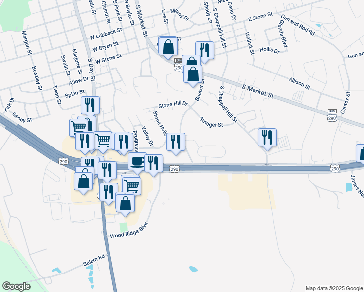 map of restaurants, bars, coffee shops, grocery stores, and more near 2600 Becker Drive in Brenham