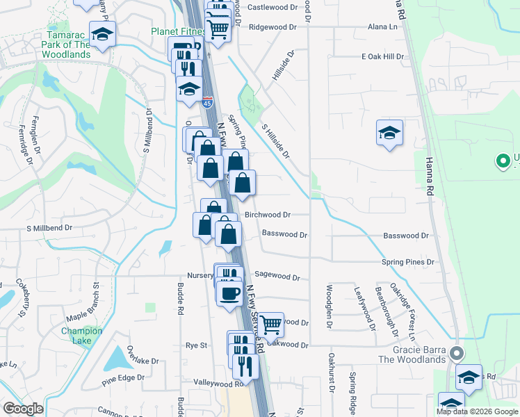 map of restaurants, bars, coffee shops, grocery stores, and more near 203 Birchwood Drive in Spring