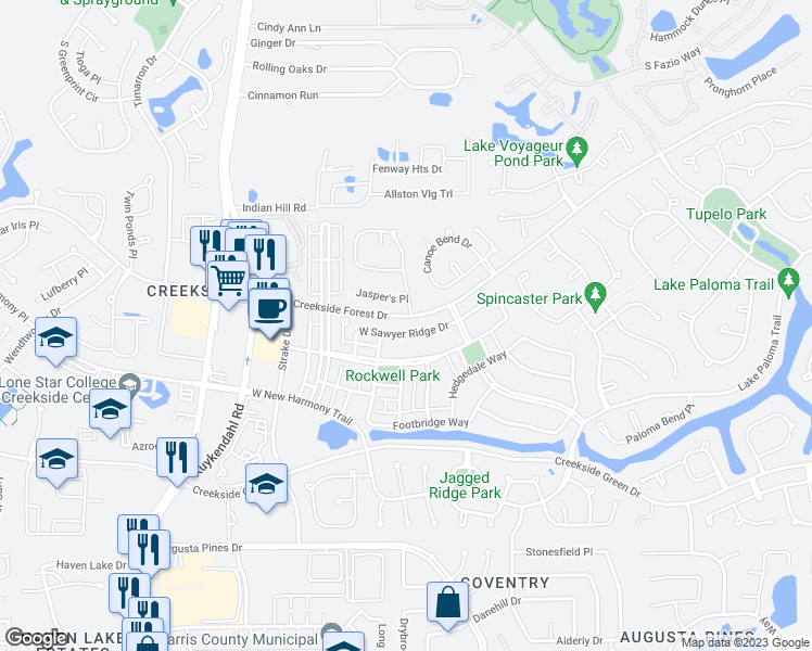 map of restaurants, bars, coffee shops, grocery stores, and more near 59 West Sawyer Ridge Drive in Spring