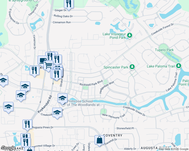 map of restaurants, bars, coffee shops, grocery stores, and more near 59 West Sawyer Ridge Drive in Spring