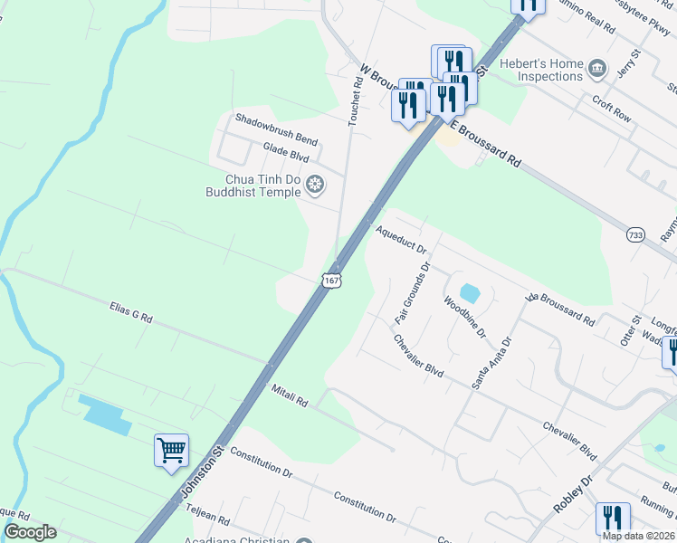 map of restaurants, bars, coffee shops, grocery stores, and more near 6901 Johnston Street in Lafayette