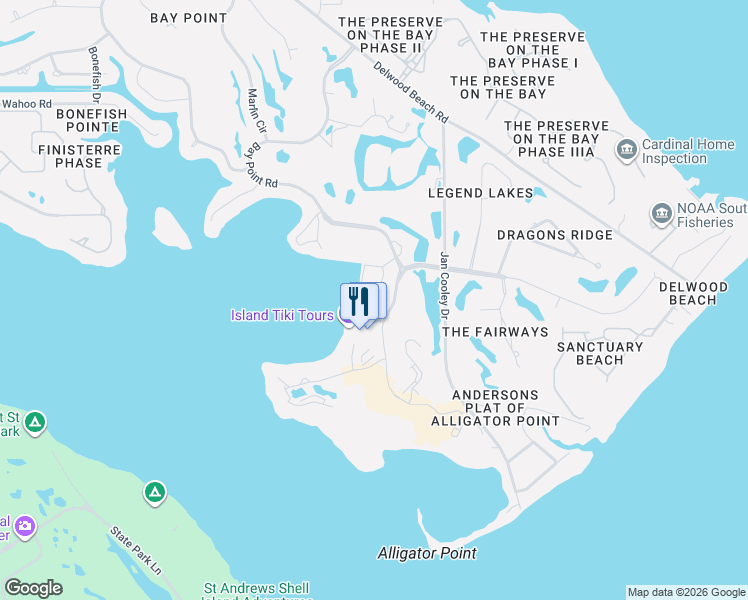map of restaurants, bars, coffee shops, grocery stores, and more near Hatteras Lane in Panama City