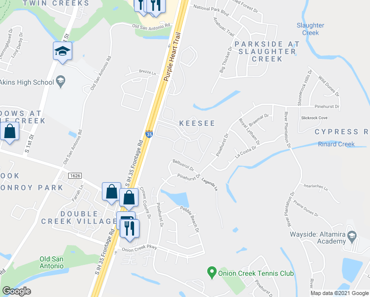 map of restaurants, bars, coffee shops, grocery stores, and more near 2202 Baltusrol Drive in Austin