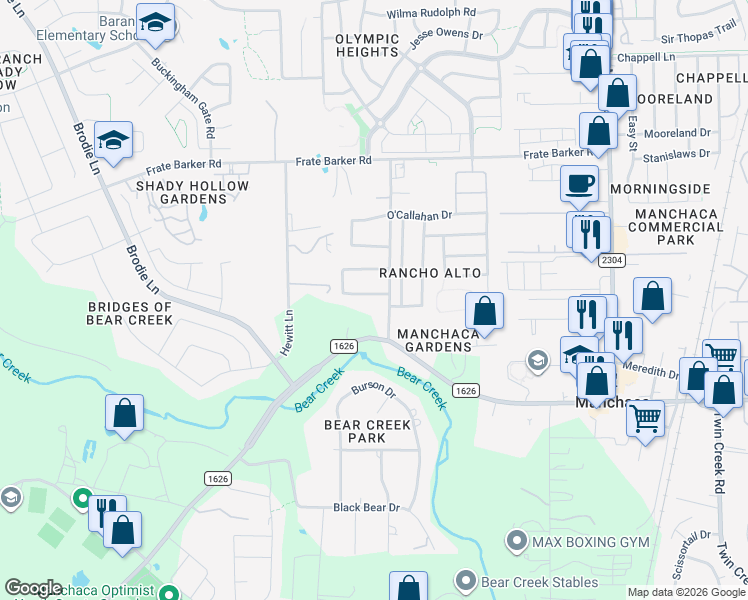 map of restaurants, bars, coffee shops, grocery stores, and more near 2400 Christoff Loop in Austin