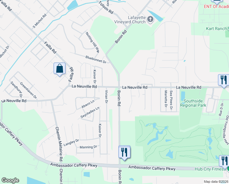 map of restaurants, bars, coffee shops, grocery stores, and more near 601 La Neuville Road in Lafayette