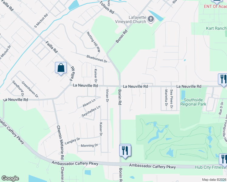 map of restaurants, bars, coffee shops, grocery stores, and more near 601 La Neuville Road in Lafayette