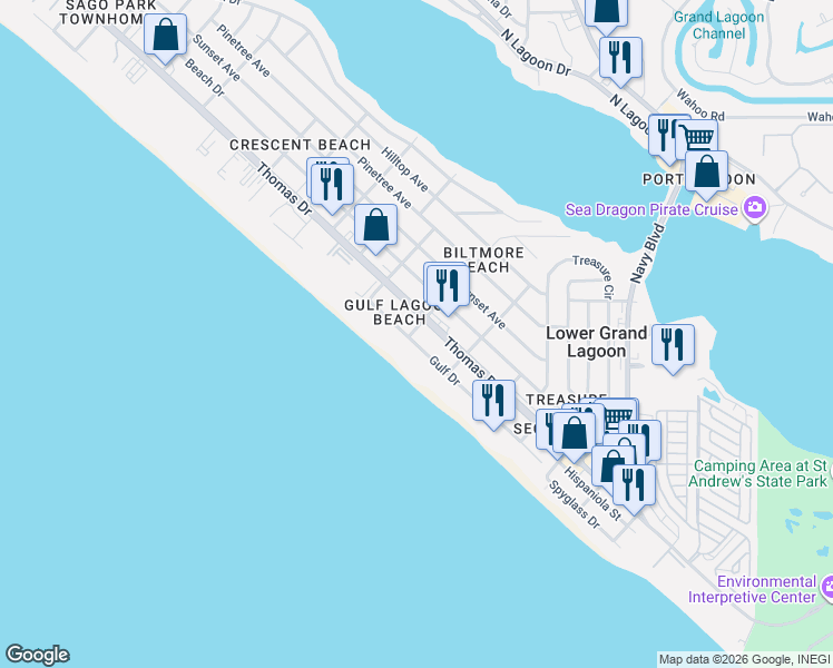 map of restaurants, bars, coffee shops, grocery stores, and more near in Lower Grand Lagoon