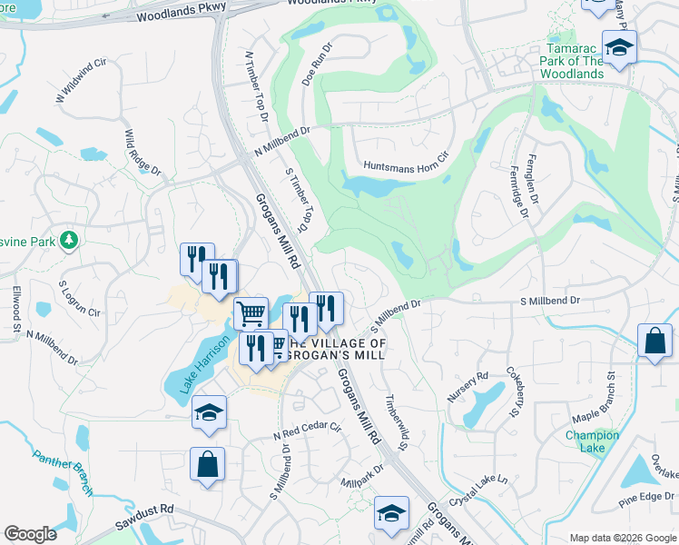 map of restaurants, bars, coffee shops, grocery stores, and more near 2322 West Settler's Way in Spring