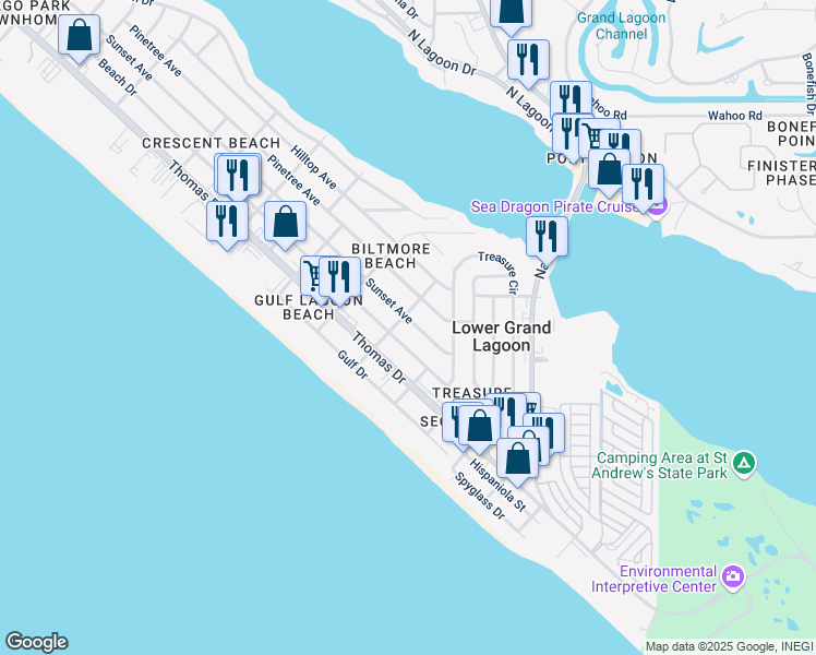 map of restaurants, bars, coffee shops, grocery stores, and more near 5319 Beach Drive in Panama City Beach