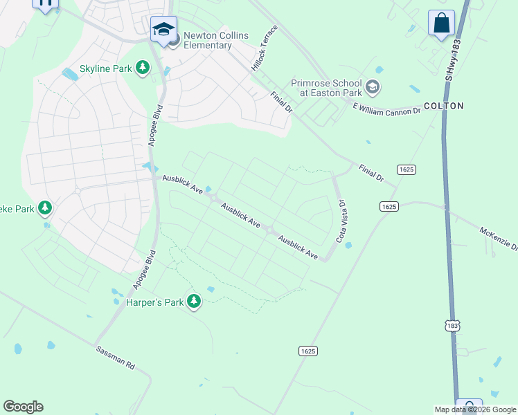map of restaurants, bars, coffee shops, grocery stores, and more near 8479-8751 Colton-Bluff Springs Road in Austin