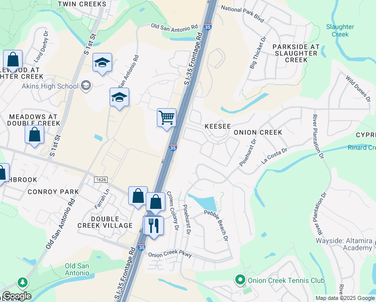 map of restaurants, bars, coffee shops, grocery stores, and more near 2112 Baltusrol Drive in Austin
