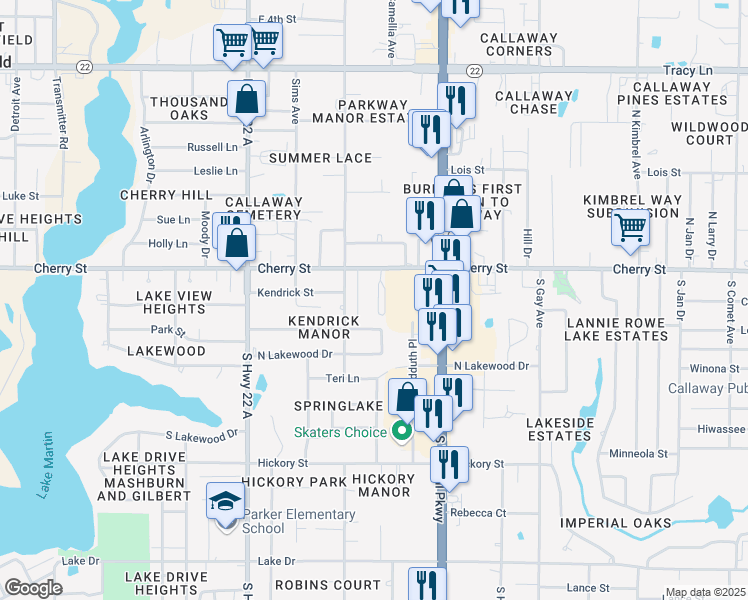 map of restaurants, bars, coffee shops, grocery stores, and more near 132 Parker Village Circle in Panama City