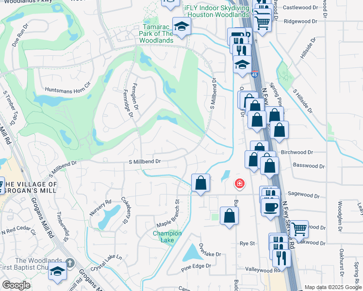 map of restaurants, bars, coffee shops, grocery stores, and more near 37 Wishbonebush Road in Spring