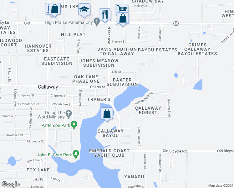 map of restaurants, bars, coffee shops, grocery stores, and more near 7418 Chipewa Street in Panama City