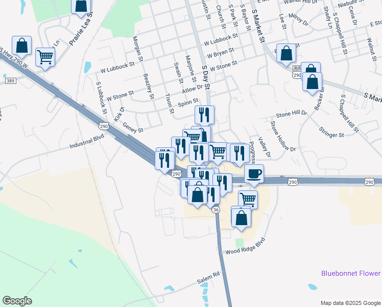 map of restaurants, bars, coffee shops, grocery stores, and more near 2508 South Day Street in Brenham