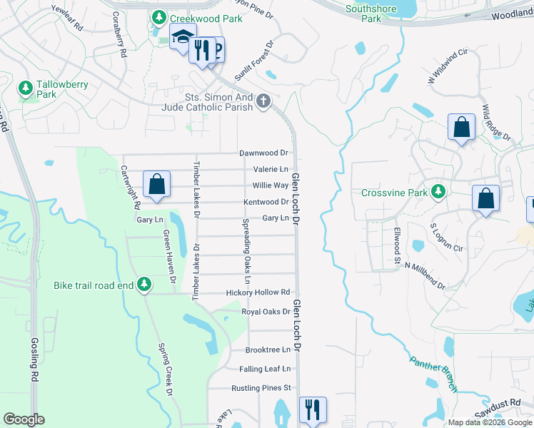 map of restaurants, bars, coffee shops, grocery stores, and more near 3315 Gary Lane in Spring