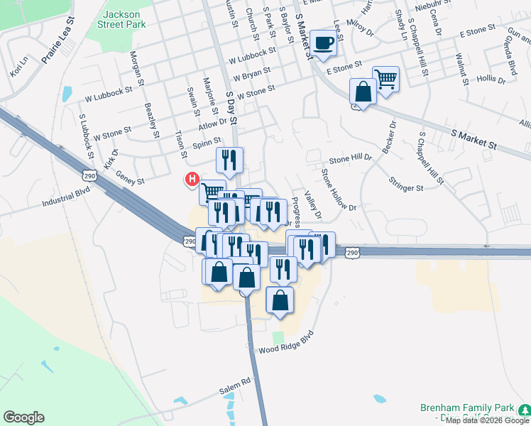 map of restaurants, bars, coffee shops, grocery stores, and more near 2420 Airline Drive in Brenham