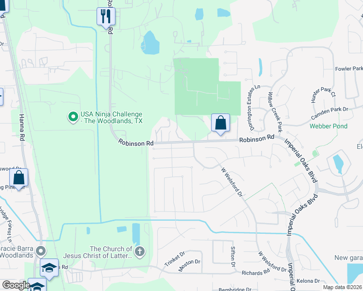 map of restaurants, bars, coffee shops, grocery stores, and more near 1419 Coppercrest Drive in Spring