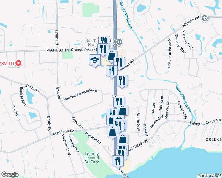 map of restaurants, bars, coffee shops, grocery stores, and more near 12350 San Jose Boulevard in Jacksonville