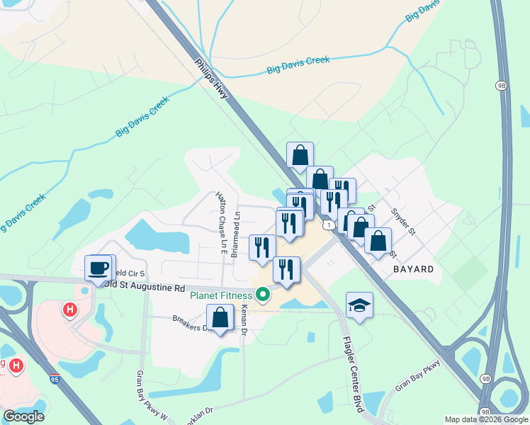 map of restaurants, bars, coffee shops, grocery stores, and more near 14626 Camberwell Lane North in Jacksonville
