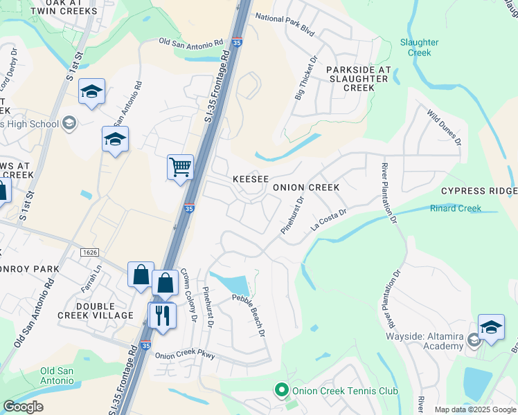 map of restaurants, bars, coffee shops, grocery stores, and more near 10701 South Interstate 35 Frontage Road in Austin