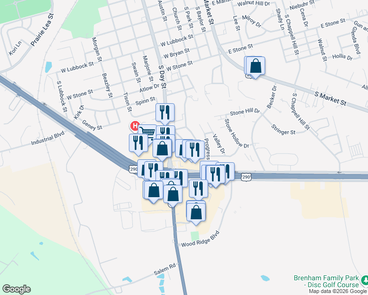 map of restaurants, bars, coffee shops, grocery stores, and more near 2420 Airline Drive in Brenham