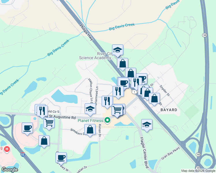 map of restaurants, bars, coffee shops, grocery stores, and more near 14626 Camberwell Lane North in Jacksonville