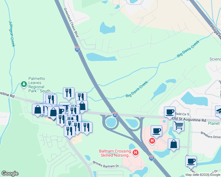 map of restaurants, bars, coffee shops, grocery stores, and more near Interstate 95 in Jacksonville