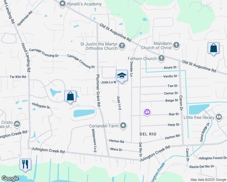 map of restaurants, bars, coffee shops, grocery stores, and more near 12518 Joda Lane East in Jacksonville