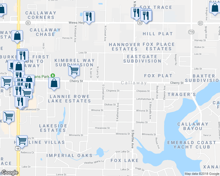 map of restaurants, bars, coffee shops, grocery stores, and more near 141 South Comet Avenue in Panama City