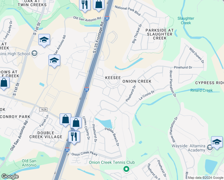 map of restaurants, bars, coffee shops, grocery stores, and more near 2202 Baltusrol Drive in Austin